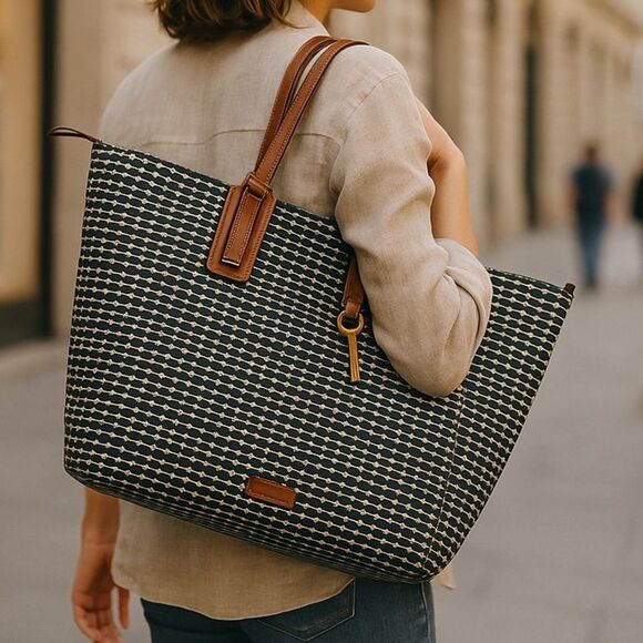 Fossil Rachel Large Tote Bag Top Zip Brown White Stripe/Dot - Picture 1 of 15